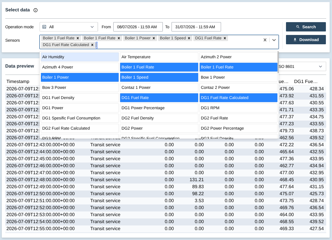 Data download interface with selected sensors, date range and a tabular data preview.